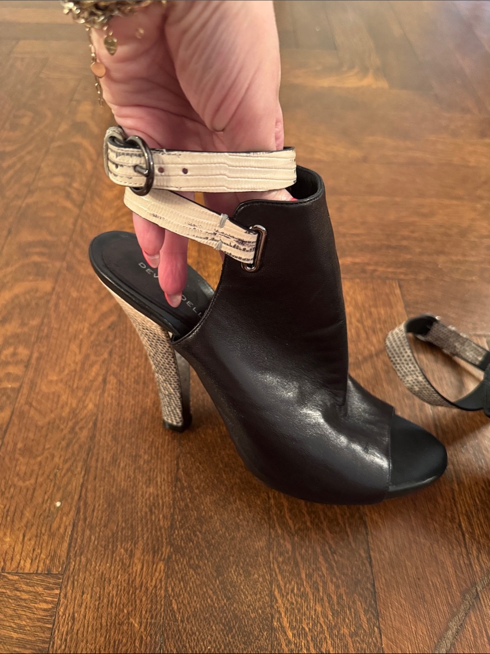 Black Peep-Toe Ankle-Heel with Cream Buckle Strap